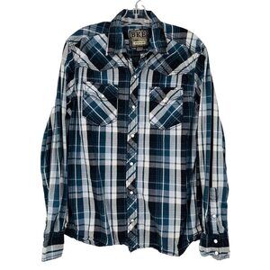 BKE Men's Athletic Fit White Pearl Snap Plaid‎ Shirt Size M Western